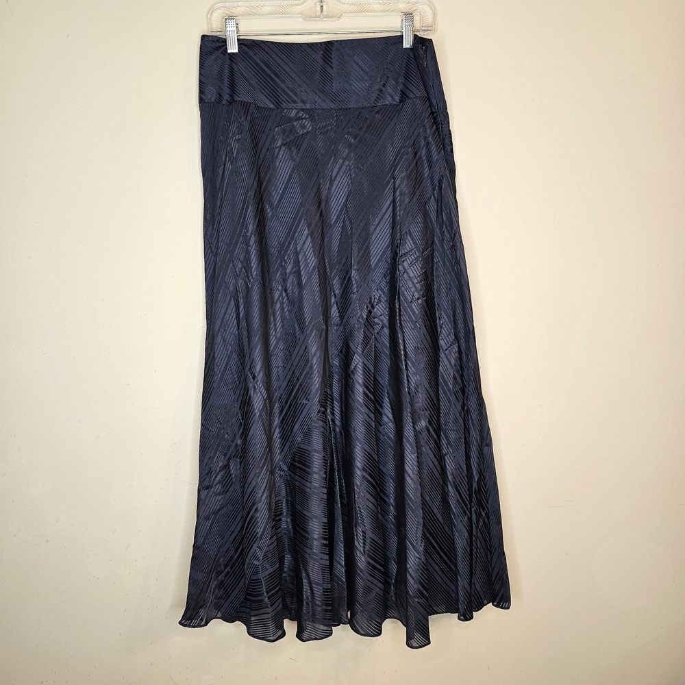 Talbots Maxi Skirt Women 10 Navy Blue Silk Blend Jacquard Stripe A-Line